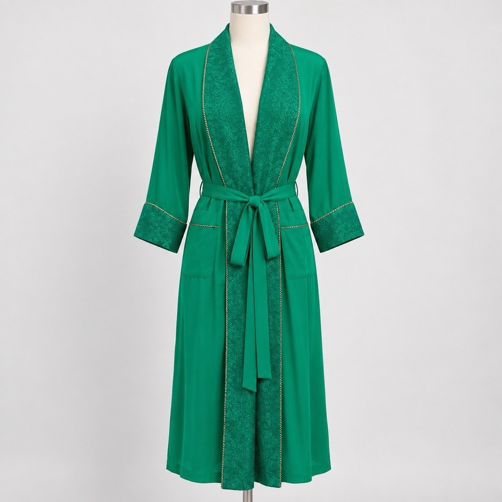 VTG 90s Victorias Secret Gold Label Emerald Green Jacquard Satin Belted Robe M/L